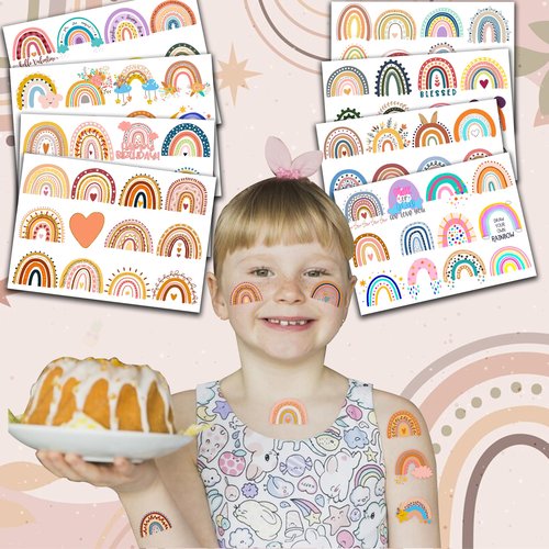 Boho Rainbow 1st Temporary Tattoos 8 Sheets 96PCS Rainbow Party Decorations Supplies Favors Boho Pastel Theme Birthday Cute Stickers Christmas Gifts for Boys Girls Class School Prizes Carnival