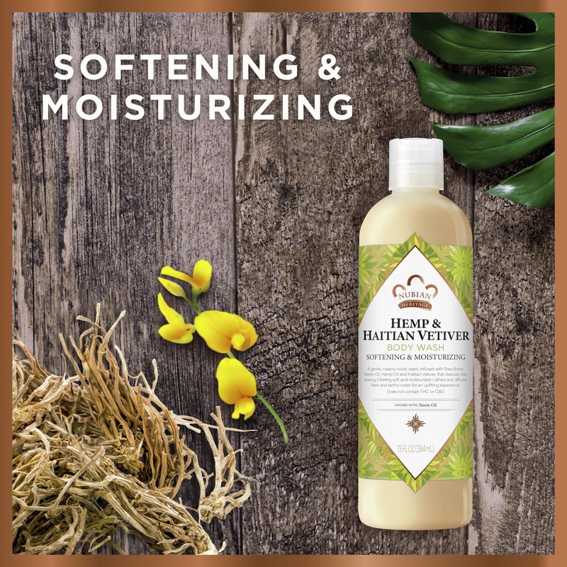 Nubian Heritage Body Wash Indian Hemp & Haitian Vetiver Cleanser for All Skin Types Made with Fair Trade Shea Butter, 13 oz