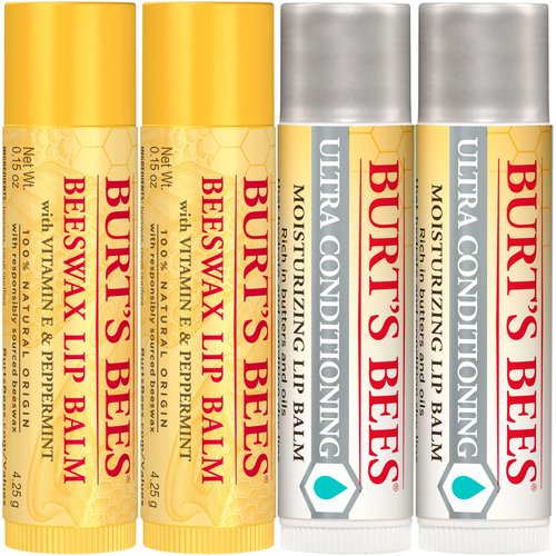 Burt's Bees Lip Balm Beeswax and Ultra Conditioning Lip Balm Pack, Hydrating Lip Moisturizer with Kokum and Shea Butter, Natural Origin Lip Care, 4 Tubes, 0.15oz.