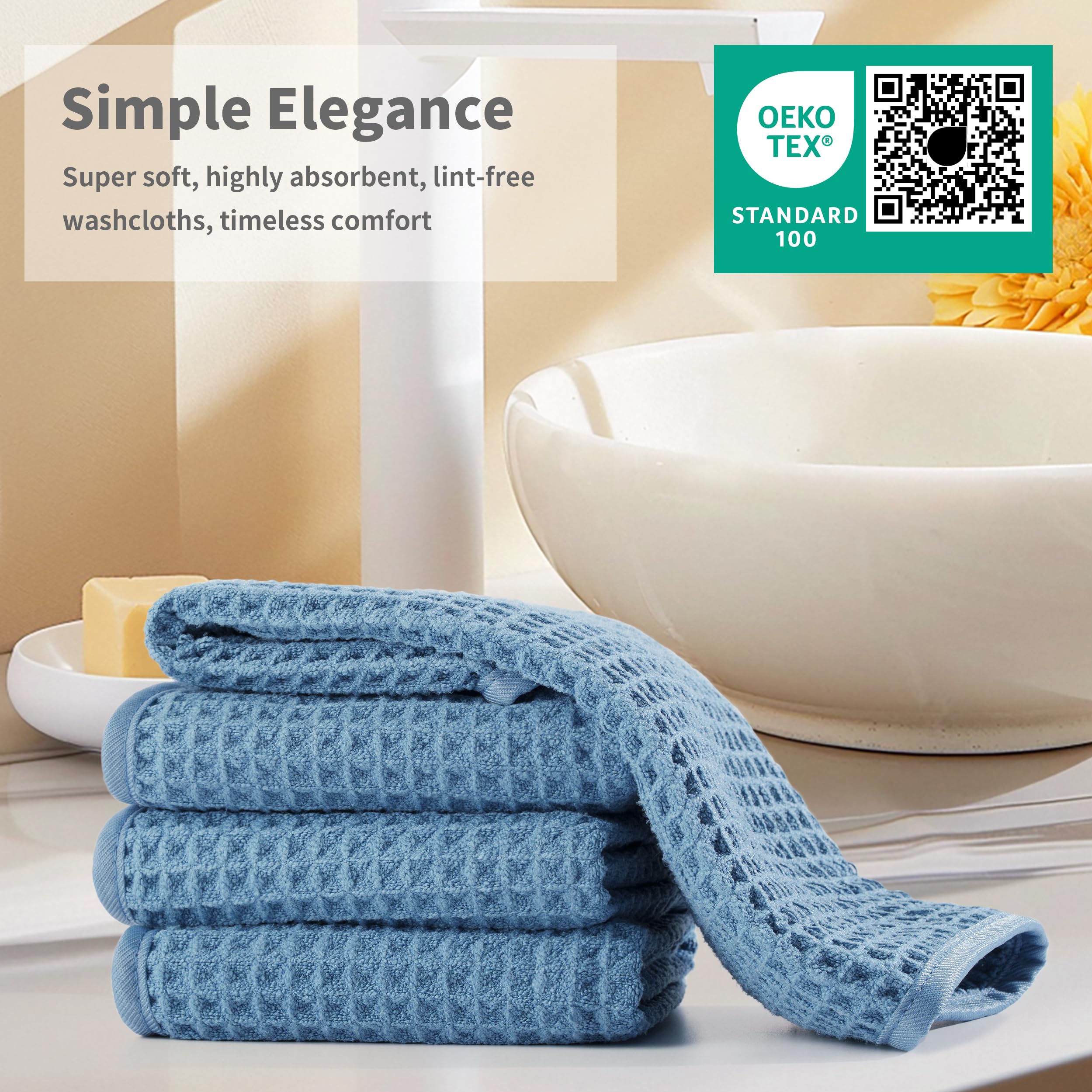 Microfiber Waffle Face Towels, 4 Pieces, Soft, Absorbent, Fast Drying, Lint Free 430 GSM (Blue)