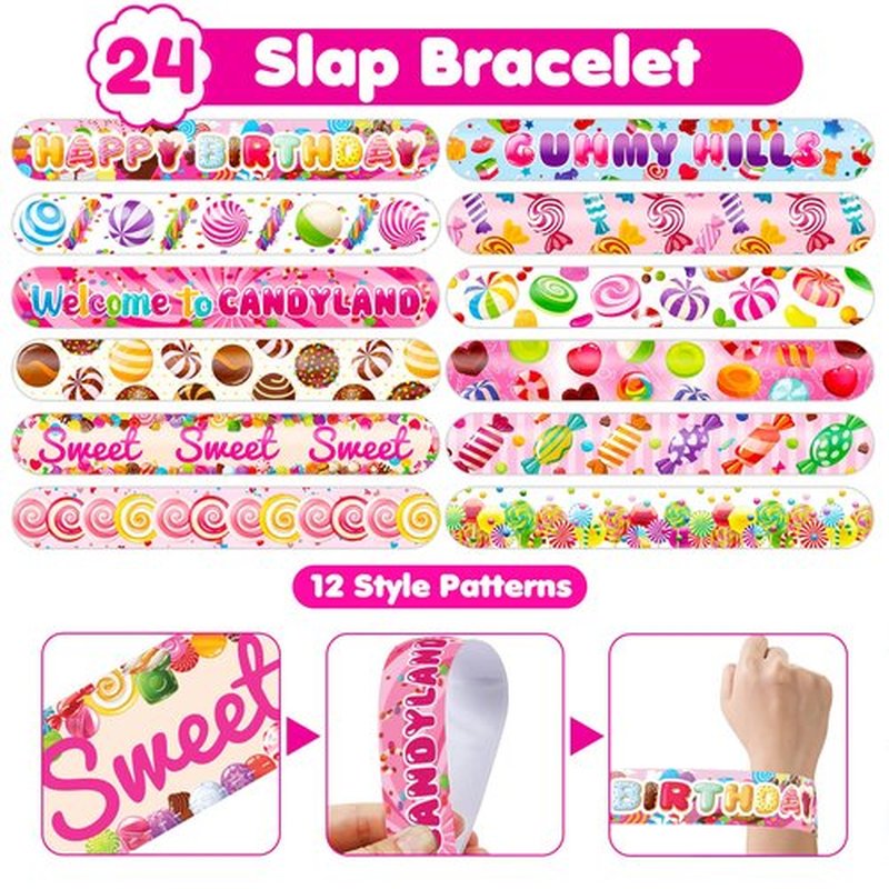72PCS Candyland Party Set 48PCS Temporary Tattoos & 24PCS Slap Bracelets Fun Candy Themed Birthday Supplies, Baby Shower Gifts, Classroom Rewards & Party Decorations for Kids (Boys & Girls)