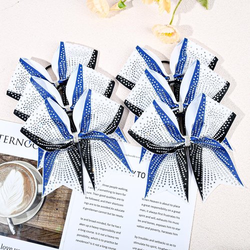 DEEKA 6PCS 8" Large Glitter Royal Blue and Black White Cheer Bows 3 Toned Rhinestones Stiff Cheer Hair Bows Elastic Band Competition Bows for Cheerleader Team Girls Sports -Royal Blue/Black/White