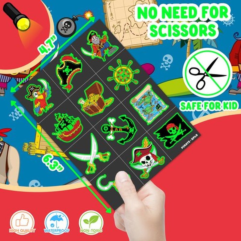 96 PCS Pirate Ship Nautical Pre-Cut Luminous Glow in the dark Temporary Tattoos for Kids | Super Cute Theme Birthday Party Favors Supplies Decorations, Treasure Fake Tattoos Gifts for Boys Girls
