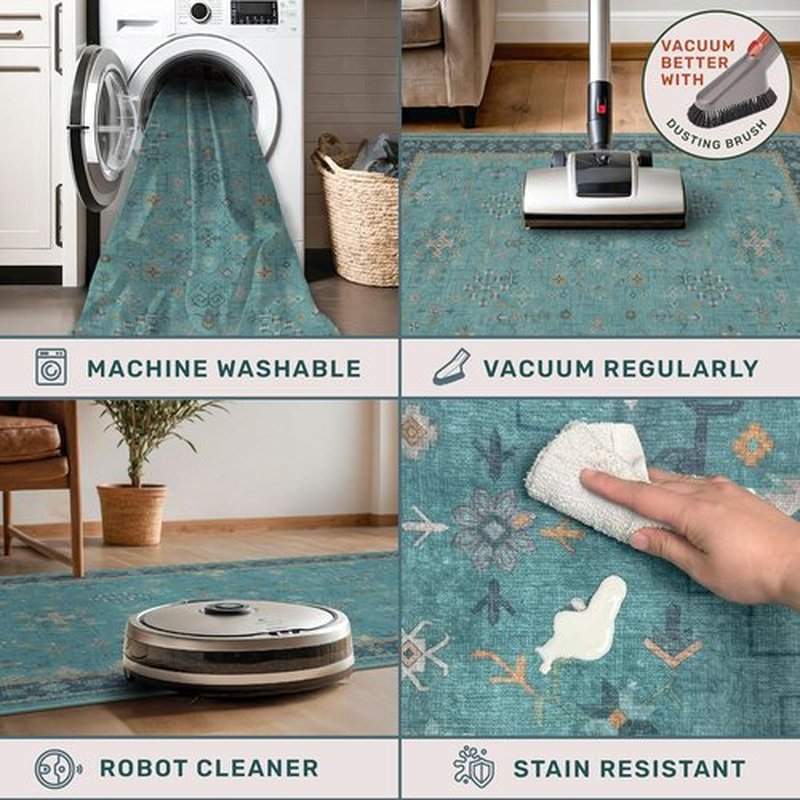 Regine Switzerland Washable Teal 5x8 Area Rug - Modern Floral Design, Non-Skid, Stain Resistant