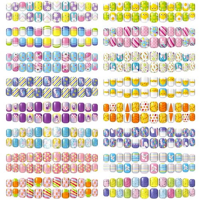 384 Pcs 16 Pack Easter Press on Nails Short Fake Nails Easter Square False Nails Artificial Nail Full Cover Coffin with Rabbit Egg Pattern for Women Girls (Bunny Pattern)