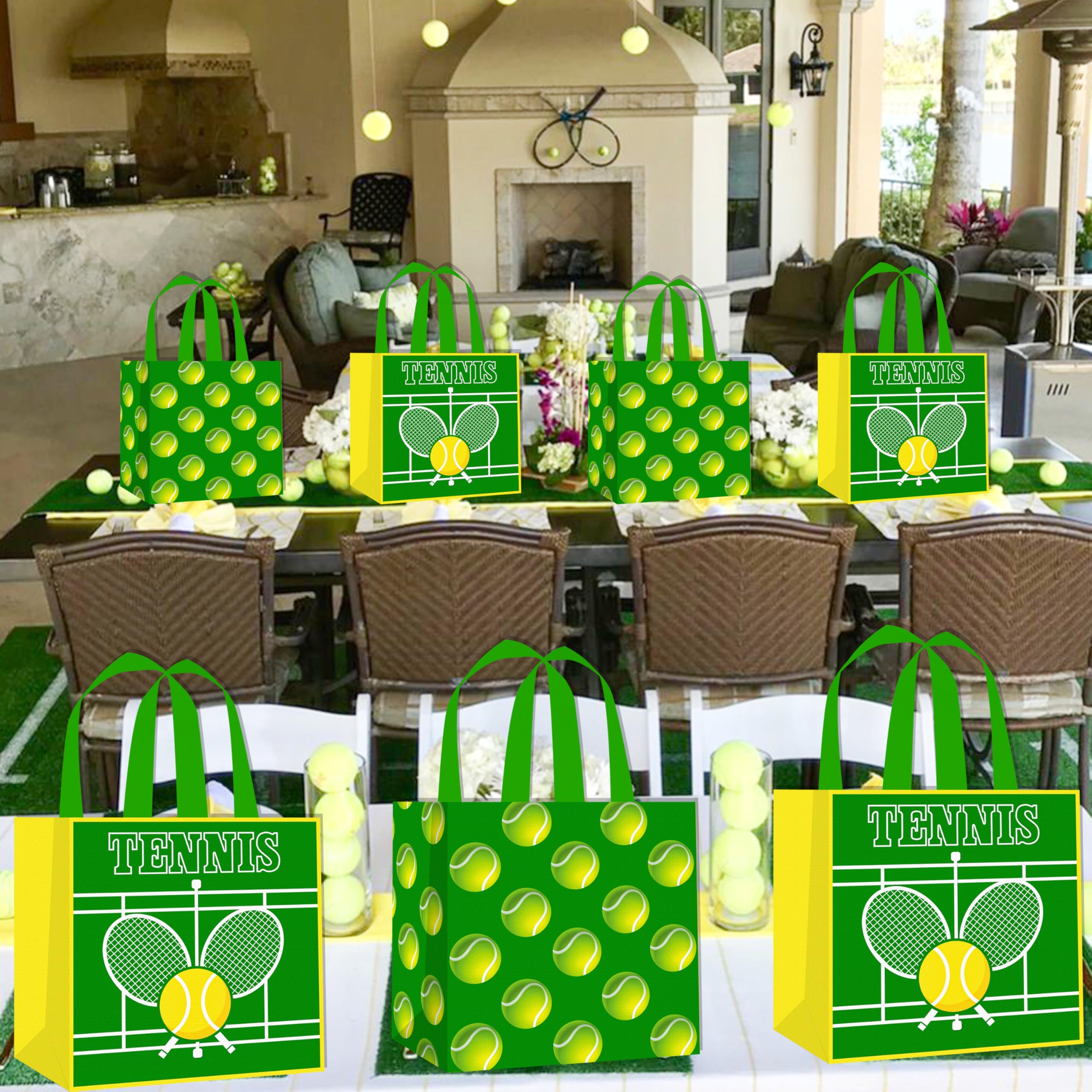 C L cooper life 12pcs Tennis Party Gift Treat Bags with Handles Tennis Theme Non-Woven Grocery Shopping Bags for Sports Birthday Party Tennis Events Baby Shower Supplies