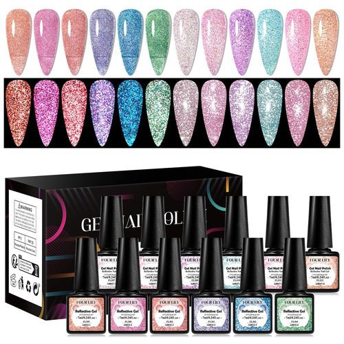 Four Lily Reflective Glitter Gel Polish 12 Colors Sparkle Gel Nail Polish Set Diamond Shine Pink Purple Red Holographic Glitter Gel Soak off Uv LED Manicure Gifts for Women