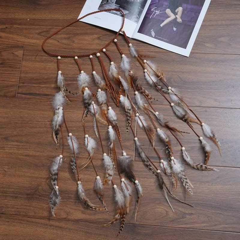 AWAYTR Feather Headband Women Festival Headwear Bohomia Feather Rope Crown Headdres For girls (White + Brown)