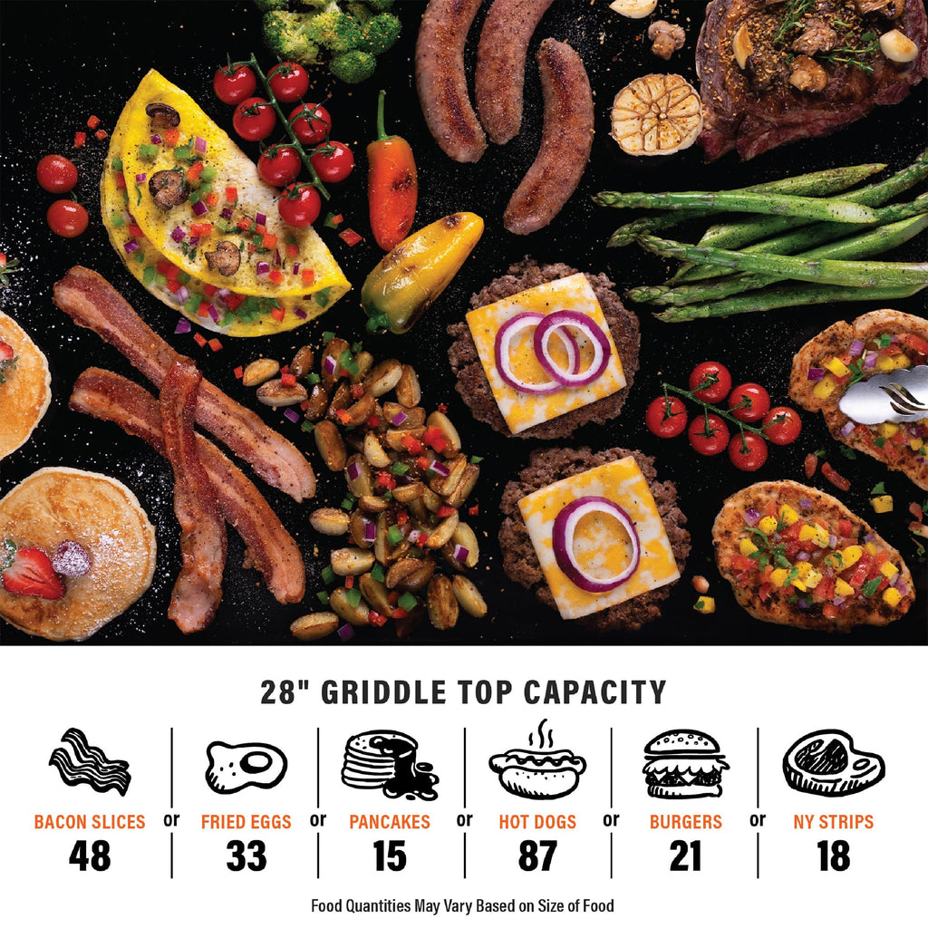 Blackstone Original 28" Griddle, Outdoor Cooking Station with Built-In Hood, Black - Includes Extendable Side Shelves and Caster Wheels