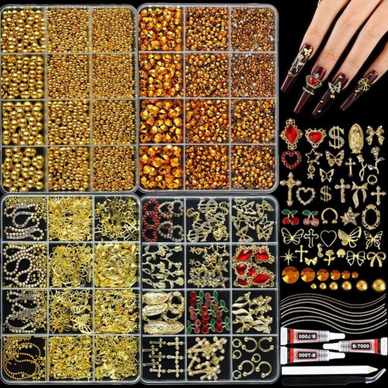 LERBOU Gold Nail Charms and Gems Set, 4 Boxes DIY Nail Decorations Kit, Gold 3D Cross Flowers Nail Art Charms, Champagne Rhinestones Gems Charms Y2K for Nails, Cool Punk Style Nail Charms