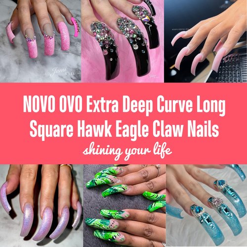 NOVO OVO Halloween 100 pcs Long Hawk Curved Nail tips, Clear Cystal Extra Super Extreme Deep Curve Half Cover Tapered Square Eagle Claw Soft Gel False Nail Extension for Acrylic Nails x10 Sizes in Box