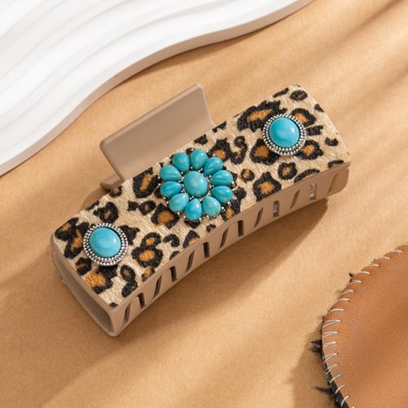 Mixcbe Western Turquoise Hair Clip with Leopard Pattern, Cowgirl Brown Square Hair Clip, 4.1 inch, Large Western Cowgirl Stuff Gift for Women Girls