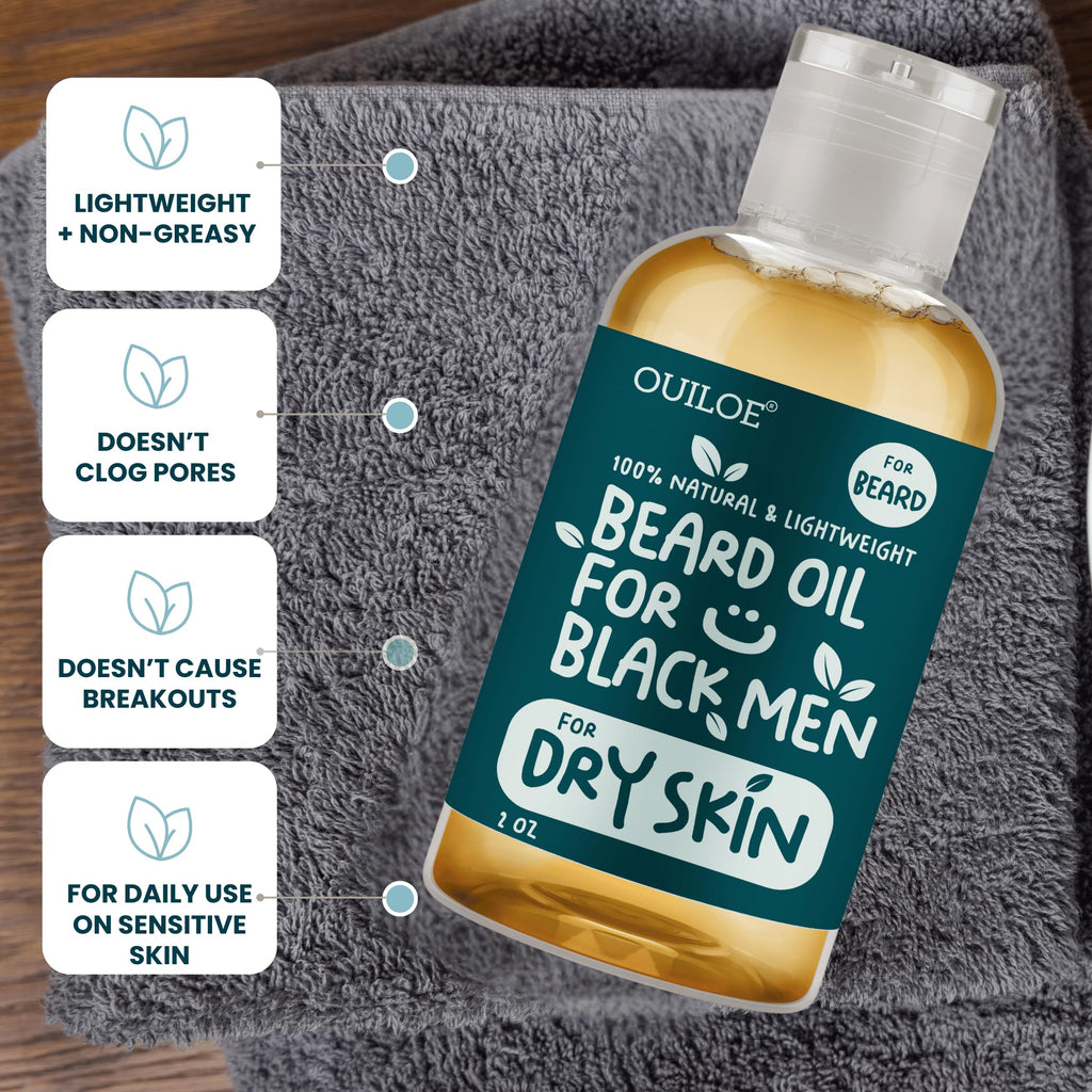 Beard Oil for Black Men with Sensitive Skin - Beard Conditioner, Softener & Moisturizer for Black Men - Made with Vitamin E & Grapeseed Oil, Unscented, Natural & Organic, Doesn’t Clog Pores 2oz