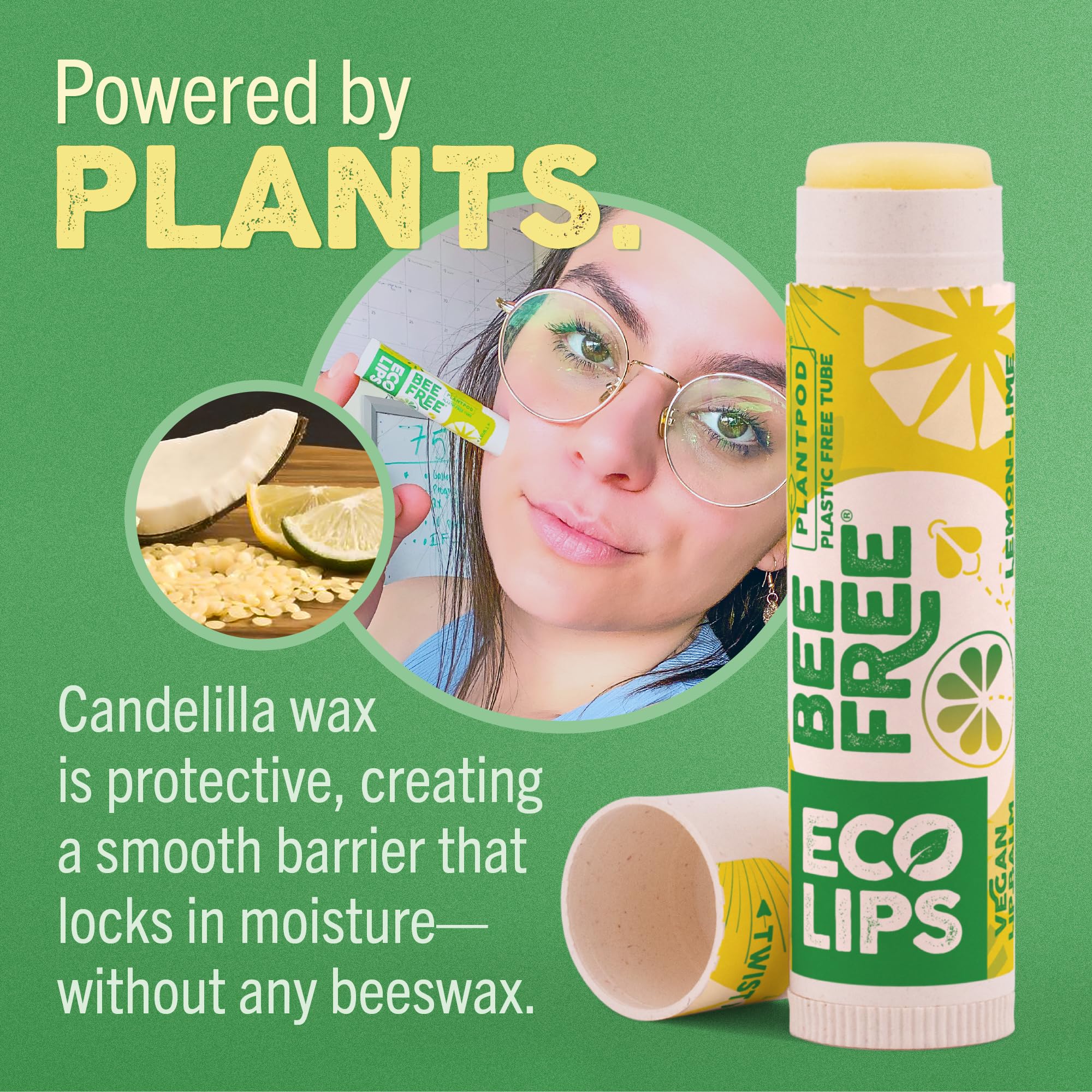 Vegan Lip Balm Lemon Lime Flavor 3 Pack - Bee Free with Candelilla Wax, Cocoa Butter & Coconut Oil Lip Care. Soothe & Moisturize Dry, Chapped Lips - 100% Plastic-Free Plant Pod Packaging - Made in USA