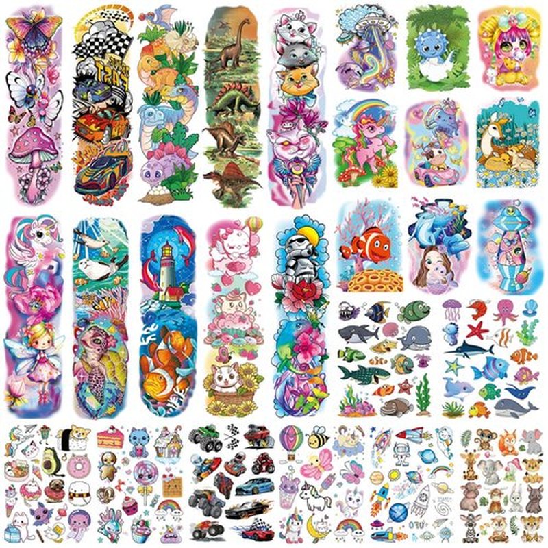 Tazimi 380 Styles (27 Sheets) Temporary Tattoo Full & Half Arm Tattoos Sleeves Marine Life Space Ship Racing Car Forest Animals Dinosaur Cartoon Tattoos Stickers forParty Supplies