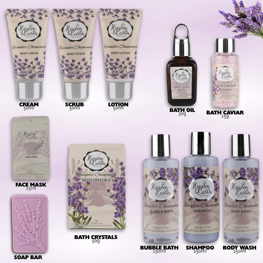 Valentines Gift Baskets for Women Spa Day! Natural Lavender Chamomile Spa Bath Sets for Women Gift Infused with Essential Oils. Sulfate Free Lavender Bath Set Spa Gift Set