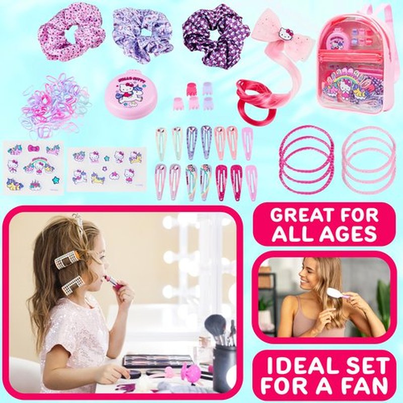 Hello Kitty Sanrio Hair Accessories, Clear Backpack Gifts for Girls, Kawaii Hair Ties, Clips, Stickers, Brush, Scrunchies, Cute Travel Bag (Pink Hello Kitty)