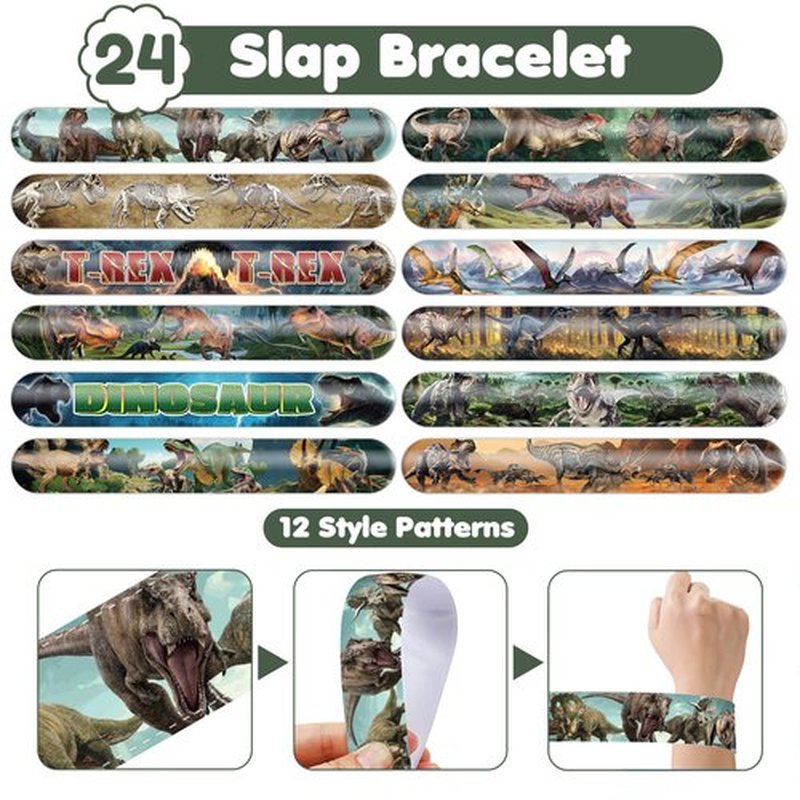 Cherisnowy 72 PCS Dinosaur 3D Party Favors - 48 Temporary Pre-Cut Tattoos & 24 Slap Bracelets - Party Favors for Boys & Girls, Birthday Goodie Bag Fillers, Baby Shower Gifts, Classroom Rewards