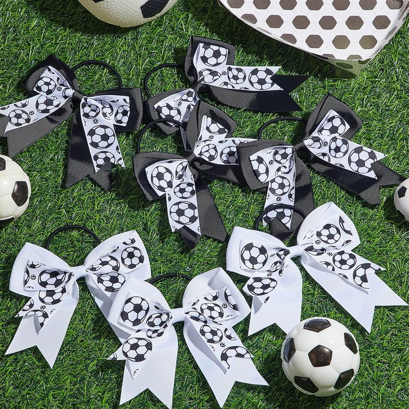 WILLBOND 20 Pcs Soccer Hair Bows Elastic Soccer Ball Hair Tie Accessories Sports Band for Women Player Football Party (White and Black)
