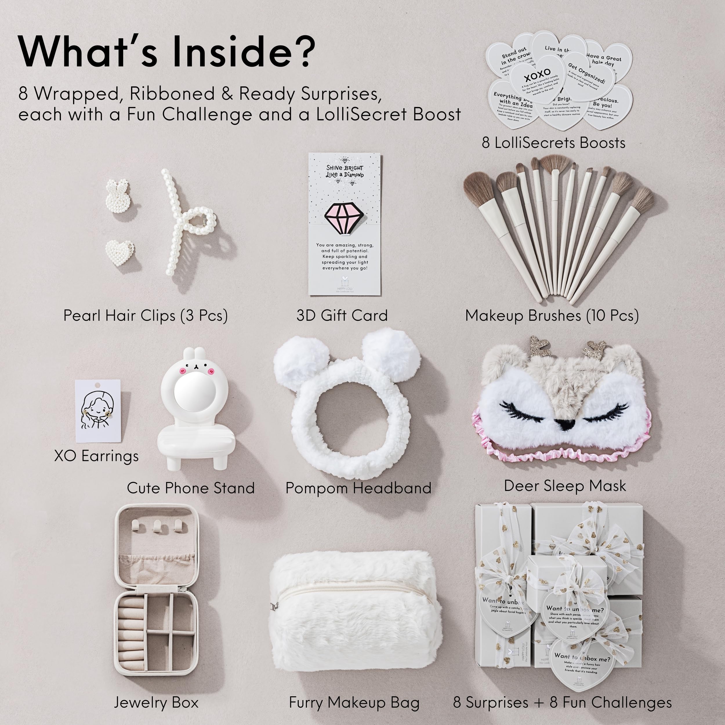 HAPPY LOLLI White LolliBox Gift Set for Tween & Teen Girls Ages 8–15, Birthday Gift Box, Ready-to-Gift Surprise Box with 8 Individually Wrapped Gifts & Empowering Challenges