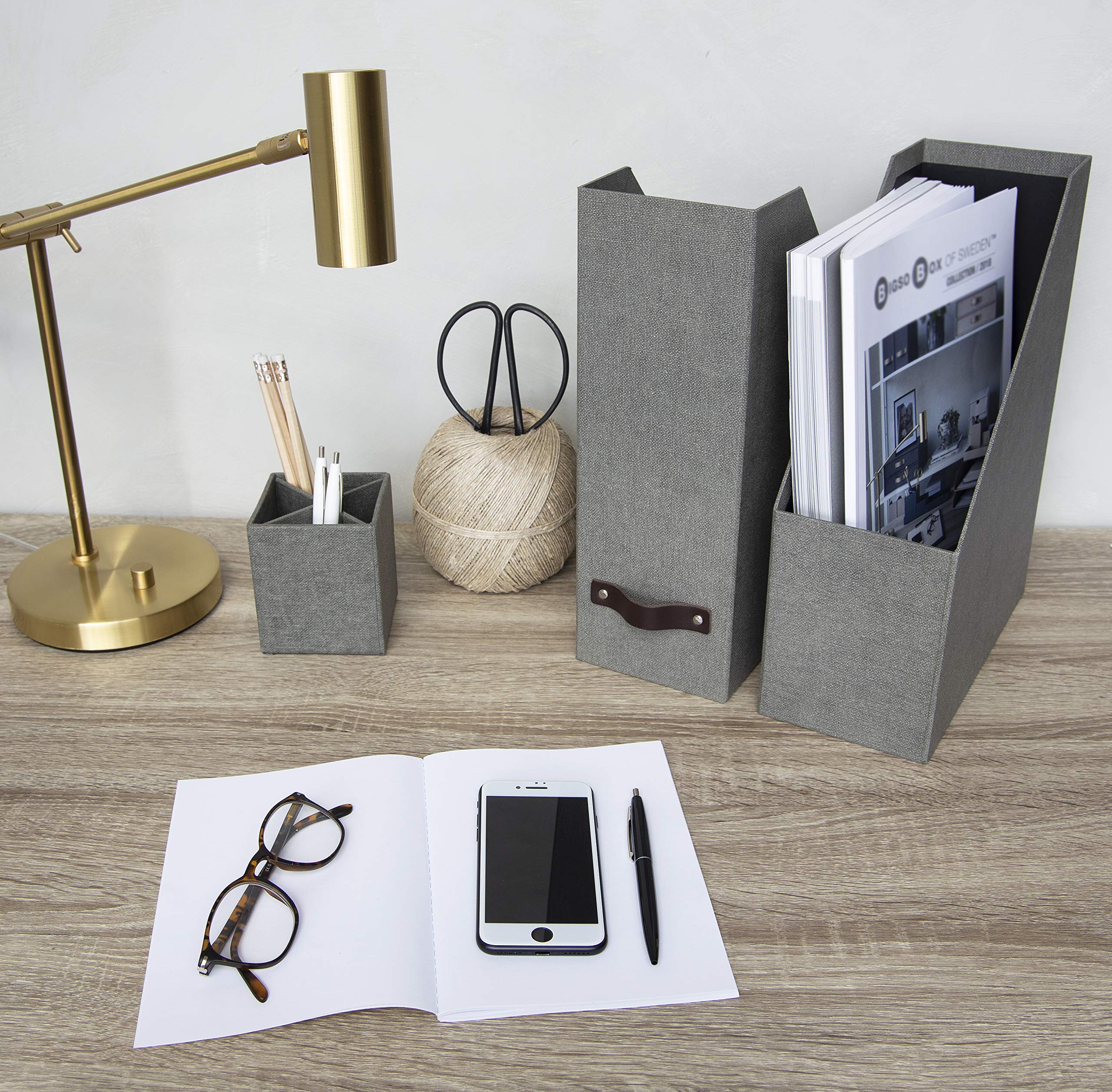 Bigso Box of Sweden Estelle Canvas Fiberboard Upright Magazine Storage Box Organizer for Papers & Catalogs w/Leather Handle | Magazine File Holder for Office Desks | 12.6" x 4.5" x 9.8" | Gray