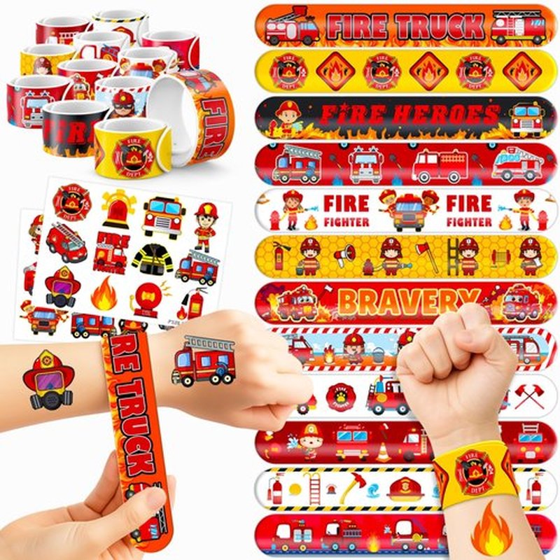 48PCS Fire Truck Party Set - 24PCS Temporary Tattoos & 24PCS Slap Bracelets - Firefighter-Themed Birthday Supplies, Baby Shower Gifts, Classroom Rewards & Party Decor for Kids (Boys & Girls)