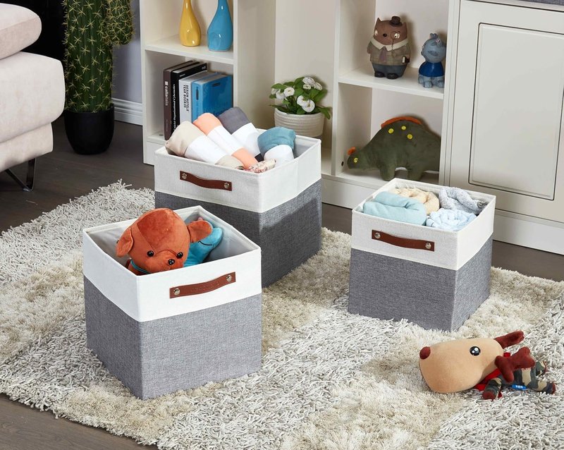 DECOMOMO Fabric Cube Storage Bins - Stylish Organizer Baskets for Kallax & Cubbies | Grey & White, 11-Inch Cube - 4 Pack