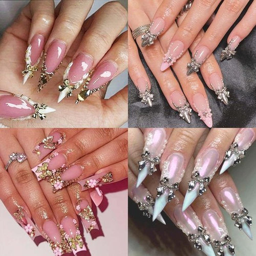 240Pcs Gold and Silver Bow Nail Charms, 3D Metal Alloy Bowknot Charms with Nail Art Pen & Tweezers for DIY Nail Decor, Jewelry Making, Craft Accessories for Women Girls