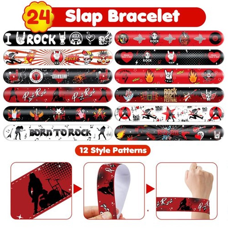 Cherisnowy 72PCS Rock and Roll Party Set 48PCS Temporary Tattoos 24PCS Slap Bracelets Music Themed Birthday Supplies, Baby Shower Gifts, Classroom Rewards & Party Decor for Kids Boys Girls