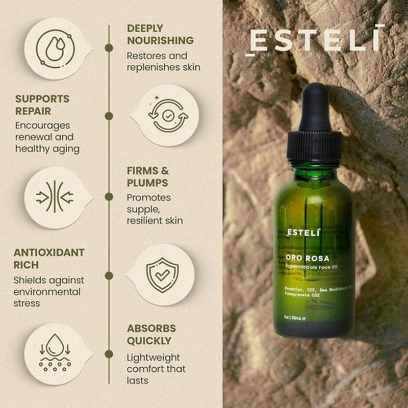 ESTELÍ Oro Rosa Supercriticals Face Oil - Antioxidant-Rich Hydrating Essence with Rosehip & Sea Buckthorn - Vegan & Fast-Absorbing