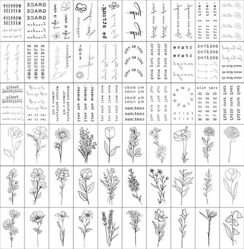 TATUWST Realistic Temporary Tattoos - 60 Sheets Tiny Small Removable Tattoos, 30 Pcs Inspirational Quotes Words Tattoos, 30 Pcs Wild Flower Ink Line Botanical Floral Leaf Tattoo Stickers for Women