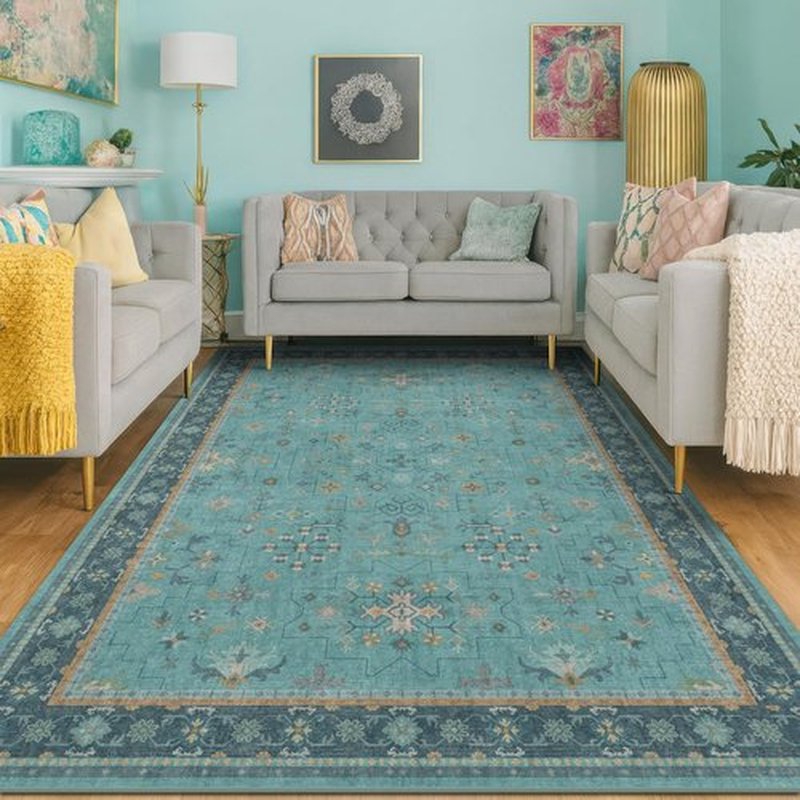 Regine Switzerland Washable Teal 5x8 Area Rug - Modern Floral Design, Non-Skid, Stain Resistant