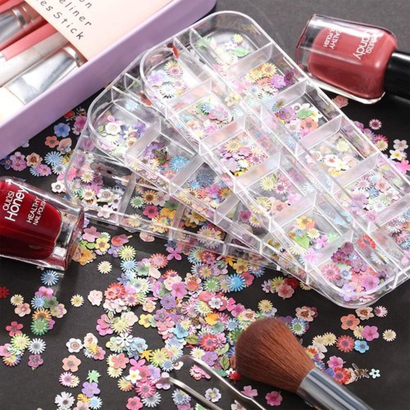 Maitys 3 Boxes 1080 Pcs 3D Flowers for Nails Decals (Not Self Adhesive or Stickers) Colorful Mixed 3D Flower Leaves Wood Pulp Nail Sequins for DIY Manicures