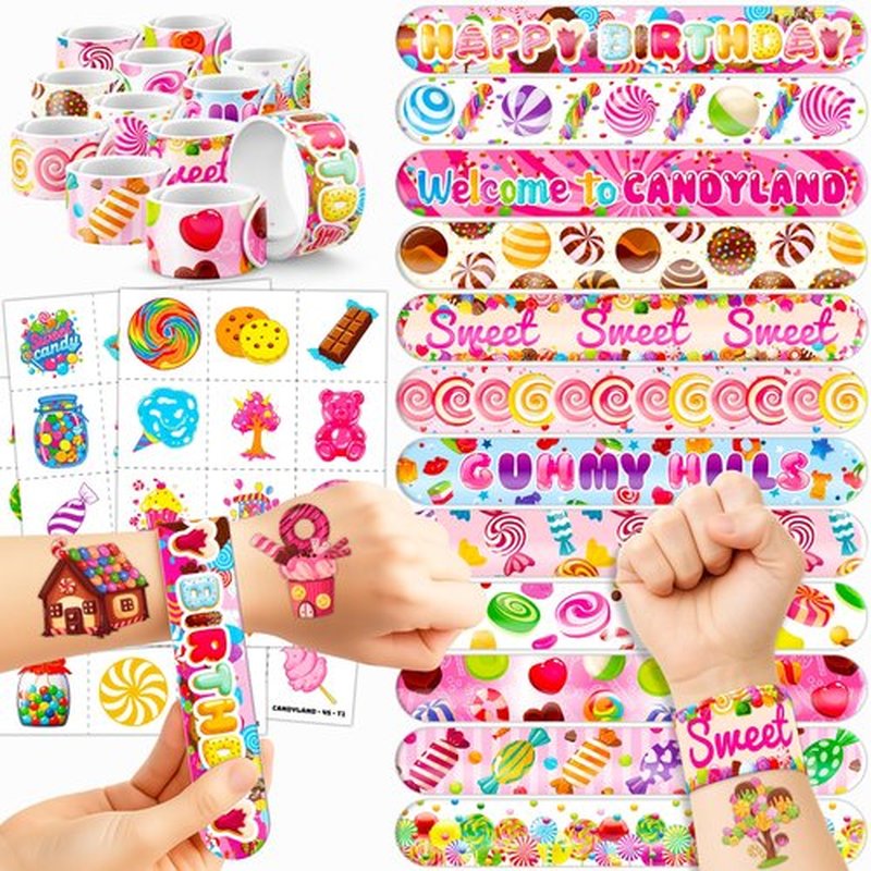 72PCS Candyland Party Set 48PCS Temporary Tattoos & 24PCS Slap Bracelets Fun Candy Themed Birthday Supplies, Baby Shower Gifts, Classroom Rewards & Party Decorations for Kids (Boys & Girls)