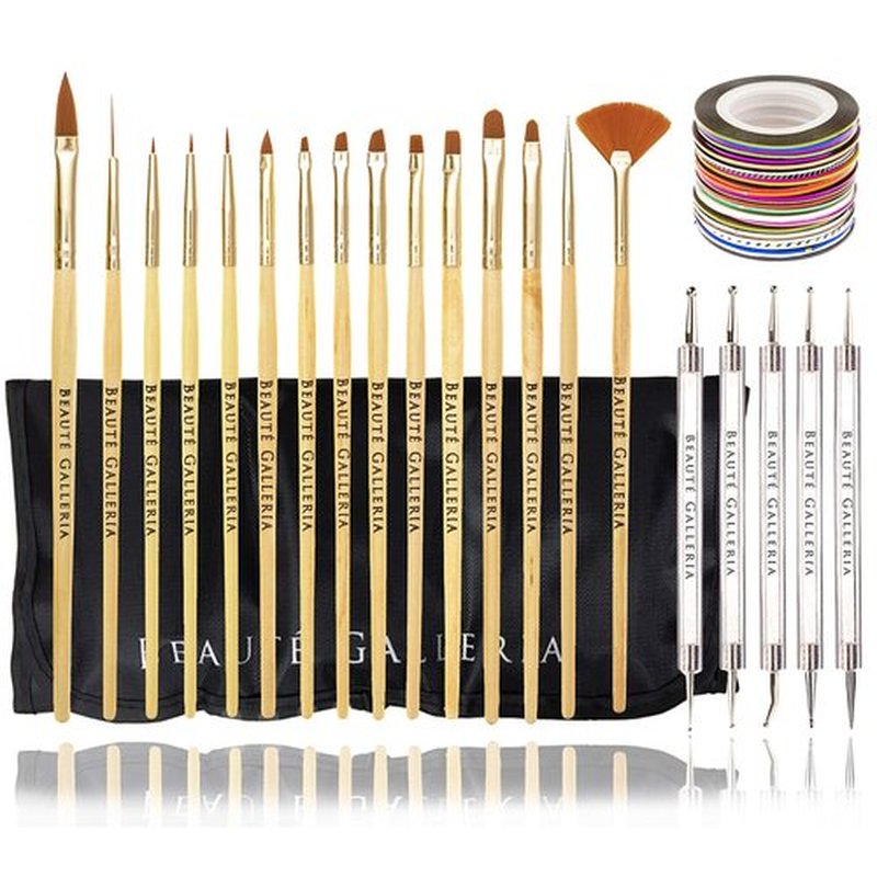 Beaute Galleria Bundle 50 Pieces Nail Art Tool Kit with Pouch - 5 Pieces Dotting Tool Marbleizing Pen (10 Sizes), 15 Pieces Acrylic Gel Detailing Painting Brushes Liners, 30 Pieces Striping Tapes