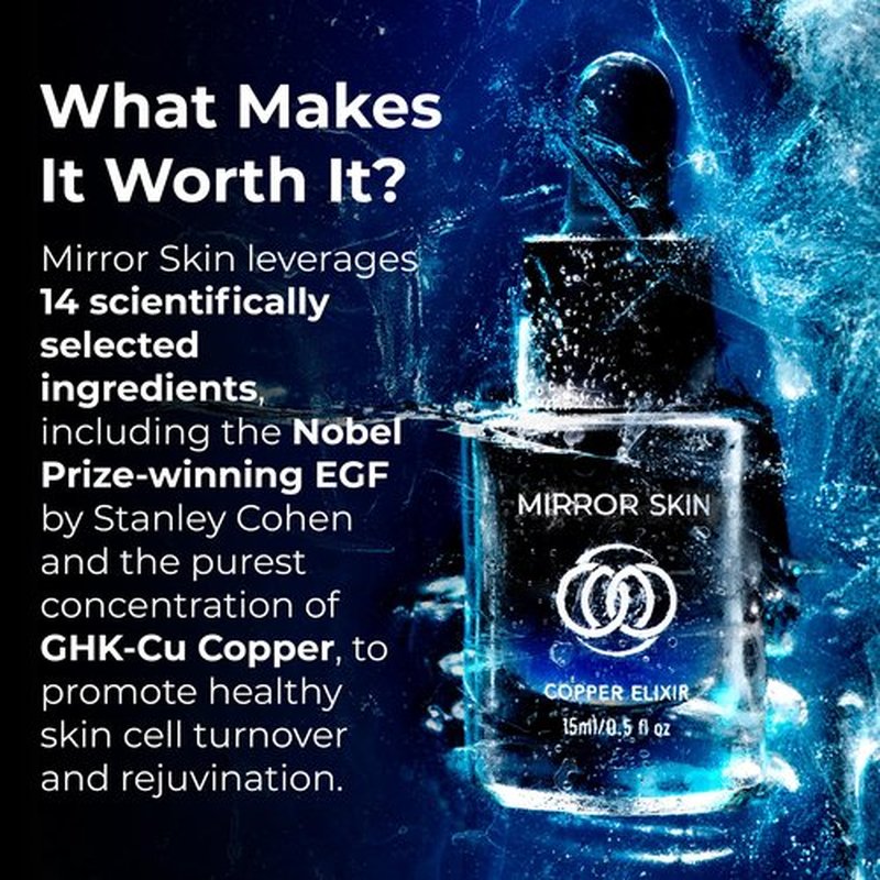 Mirror Skin Copper Elixir - Peptide Serum for Face with 1.25% GHK-Cu Copper Peptides & EGF – Advanced Peptides Serum for Skin Health, Glow Peptide Complex, Hydration, Cellular Renewal Support