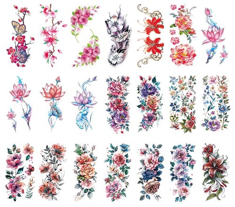 21 Sheets Large Temporary Tattoos Flower Paper Sexy Body Tattoo Sticker for Women & Girl Fake Tattoo (Lily, Peach, Plum, Peony)