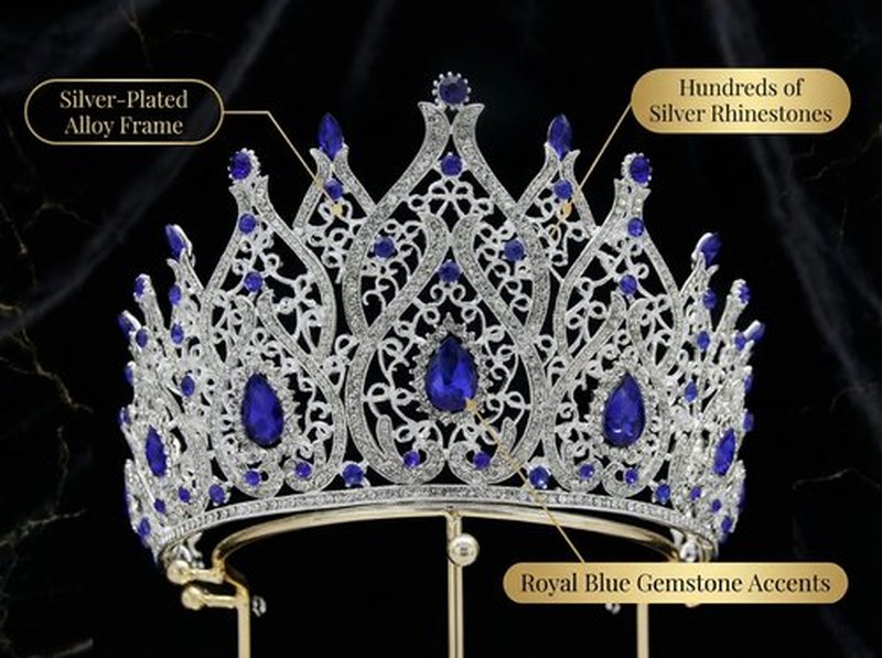 Royal Blue Baroque Crown for Women - Large Wedding Tiara for Bride, Birthday, Prom, Princess, Quince, Pageant, Bridal Headpiece