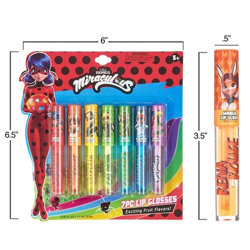 Miraculous 7pc Lip Gloss Set - Zag Heroez Lipgloss Collection Featuring Exciting Fruit Flavors & Precision Applicator Lip Gloss Tubes With Wand