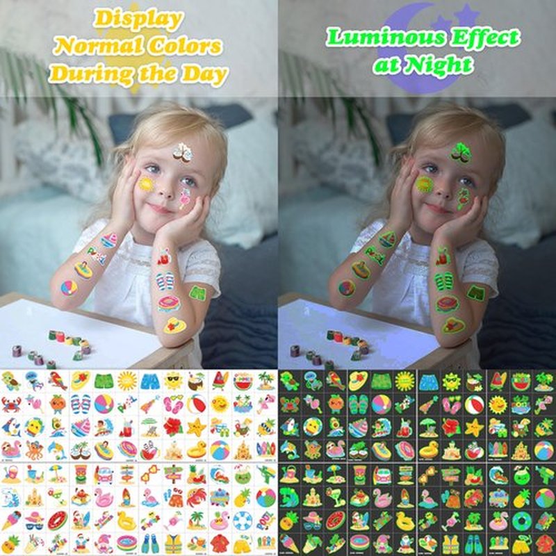 96 PCS Hello Summer Beach Pool Hawaiian Pre-Cut Luminous Glow in the dark Temporary Tattoos for Kids | Super Cute Themed Birthday Party Favors Supplies Decorations, Fake Tattoos Gifts for Boys Girls