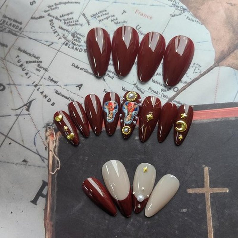 Almond French Tip Gold Glue Press On False Nails with Charms Cross 3D Gems Rhinestones Moon Design Red Acrylic Nails for Women Girls