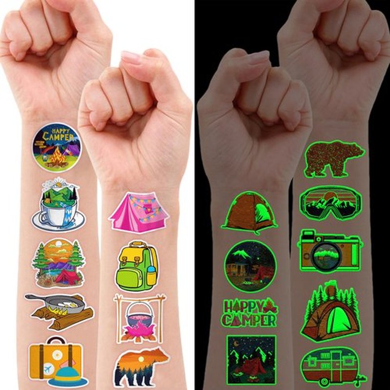 96 PCS Camp Camping Pre-Cut Luminous Glow in the dark Temporary Tattoos for Kids Themed Birthday Party Supplies Favors Decorations 8 Sheets Super Cute Fake Tattoo Stickers Gifts For Boys Girls Rewards