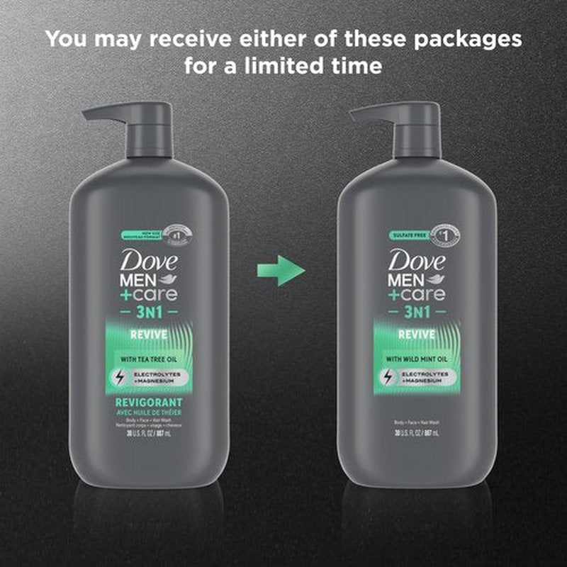 DOVE MEN + CARE Body and Face Wash Invigorating Revive 3N1 with Tea Tree Oil, with 24-Hour Nourishing Micromoisture Technology, 30 oz