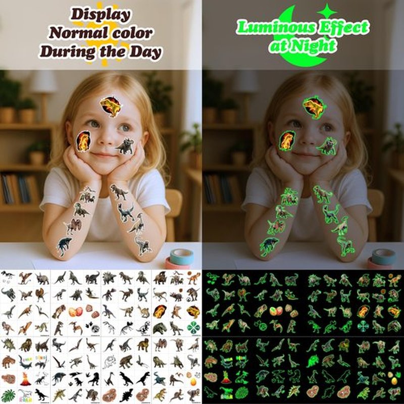 96PCS Dinosaur 3D Pre-Cut Temporary Tattoos - Stickers for Birthday Party Supplies, Decorations, and Favors - Super Cute Gifts for Kids, Boys & Girls, Classroom Prizes, and Themed (Glow in the dark)