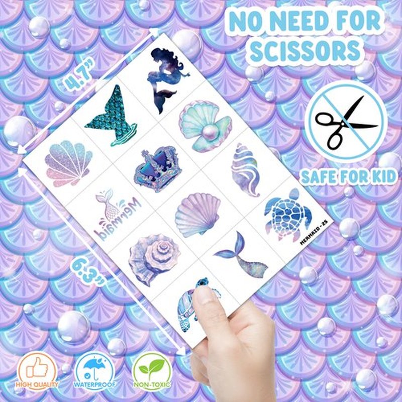 48PCS Mermaid Party Favors - 24PCS Temporary Tattoos & 24PCS Stick Hands - Perfect Birthday Party Supplies, Goodie Bag Stuffers, Treasure Box Toys, Classroom Prizes, and Student Gifts
