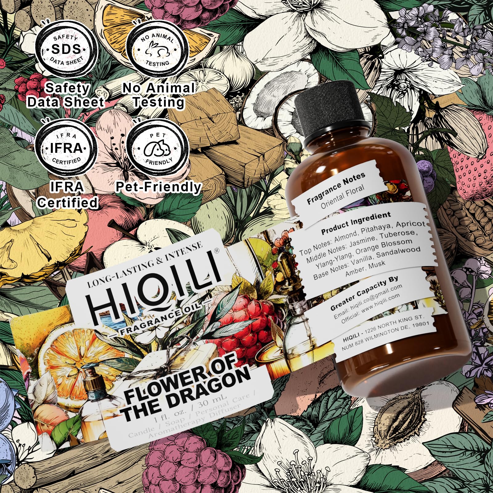HIQILI Flower of the Dragon Fragrance Oil for Diffuser, Inspired by Td.Orient Fiore-deDrago, Candle, Soap, Perfume & Linen Spray Making, Vanilla Cream Scent, Long-Lasting Aroma - 1 Fl Oz