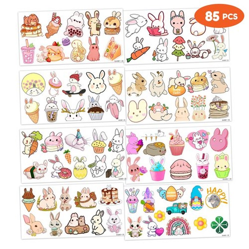 Bunny Temporary Tattoos 8 Sheets 85PCS Rabbit Bunny Party Decorations Favors Supplies Easter Bunny Theme Birthday Cute Tattoo Stickers Christmas Gifts for Boys Girls Kids Class School Prizes Carnival