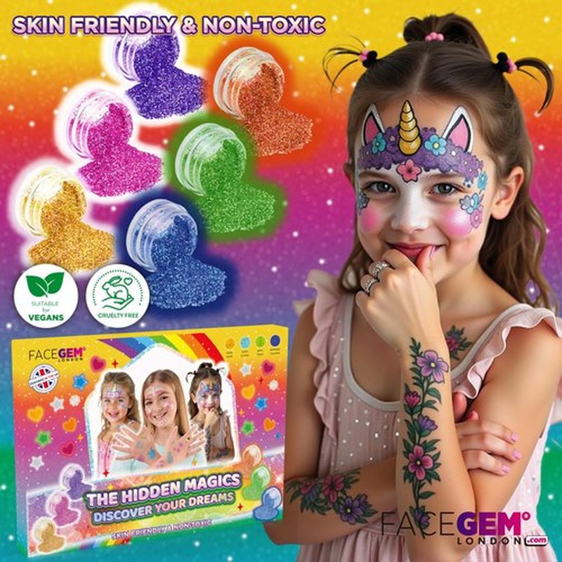 60 Colour – Glitter Tattoos for Kids, Glitter Tattoo Kit, Temporary Tattoos for kids, 200+ Stencils, 60 Colour (20 Neon), 6 PCS Face Paint, 1000+ Rhinestones, Surprise Gift Items