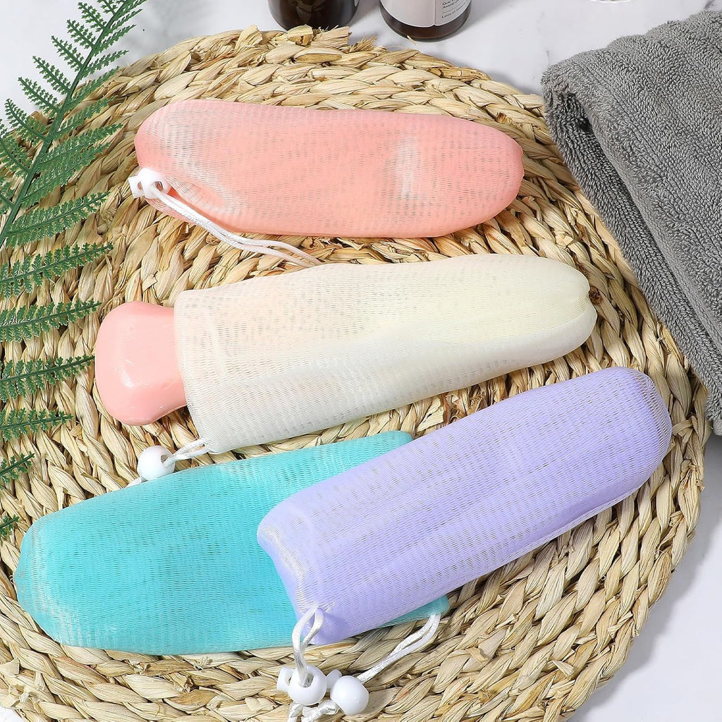 SelHeng 12Pcs Random Color Exfoliating Mesh Soap Pouch Bubble Foam Net Bag for Body Facial Cleaning Tool,for Shower Saver Pouch Drawstring Foaming Net Soap Bag Used Repeatedly Easy to Store Cleansers