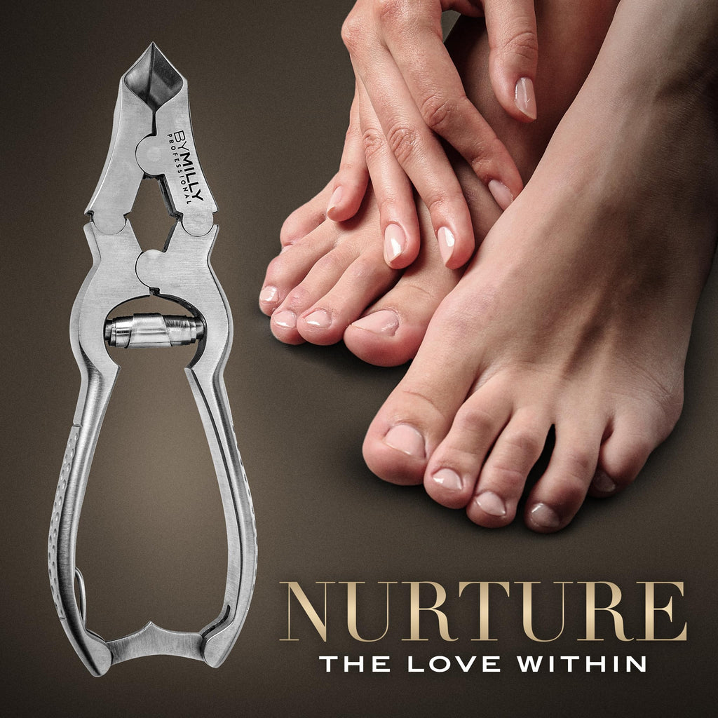 By MILLY Heavy Duty Toenail Clippers for Thick Toenails, Double Hinge Clippers for Hard and Ingrown Toenails, Curved Blade, High Carbon Stainless Steel, Safety Lock (Matte Silver)